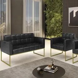 Sofá Namoradeira e 1 Poltrona Base Industrial Dourado Ana Sintético PU
