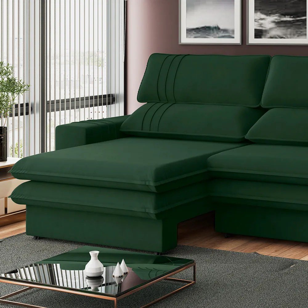 Sofá 2 Lugares Retrátil Noruega 230 cm Veludo Pés Tabaco - D'Rossi - Verde Militar
