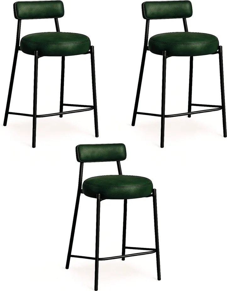 Banqueta Cozinha Alta com Encosto Industrial Preto Kit 3 Londres PU D03 - D'Rossi - Verde