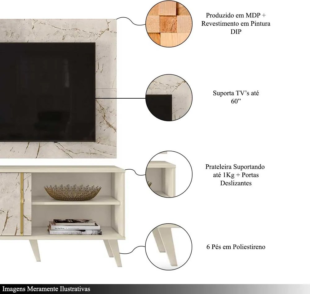 Conjunto Painel com Bancada Atreus Portas Deslizantes MDP até 60 Calacata/OffWhite G97 - Gran Belo