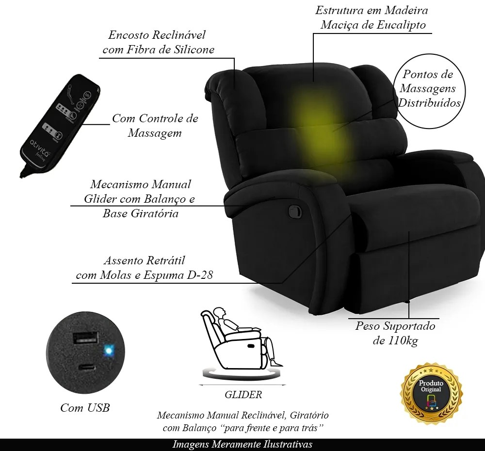 Poltrona do Papai Sala de Cinema Reclinável Kylie Glider Manual Giratória Massagem USB Veludo Preto G23