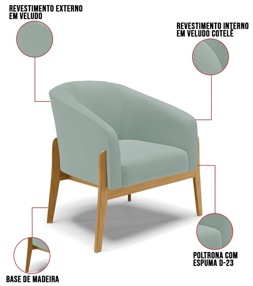 Poltrona Decorativa Base Madeira Stella Cotelê Int/Veludo D03 - D'Rossi - Menta