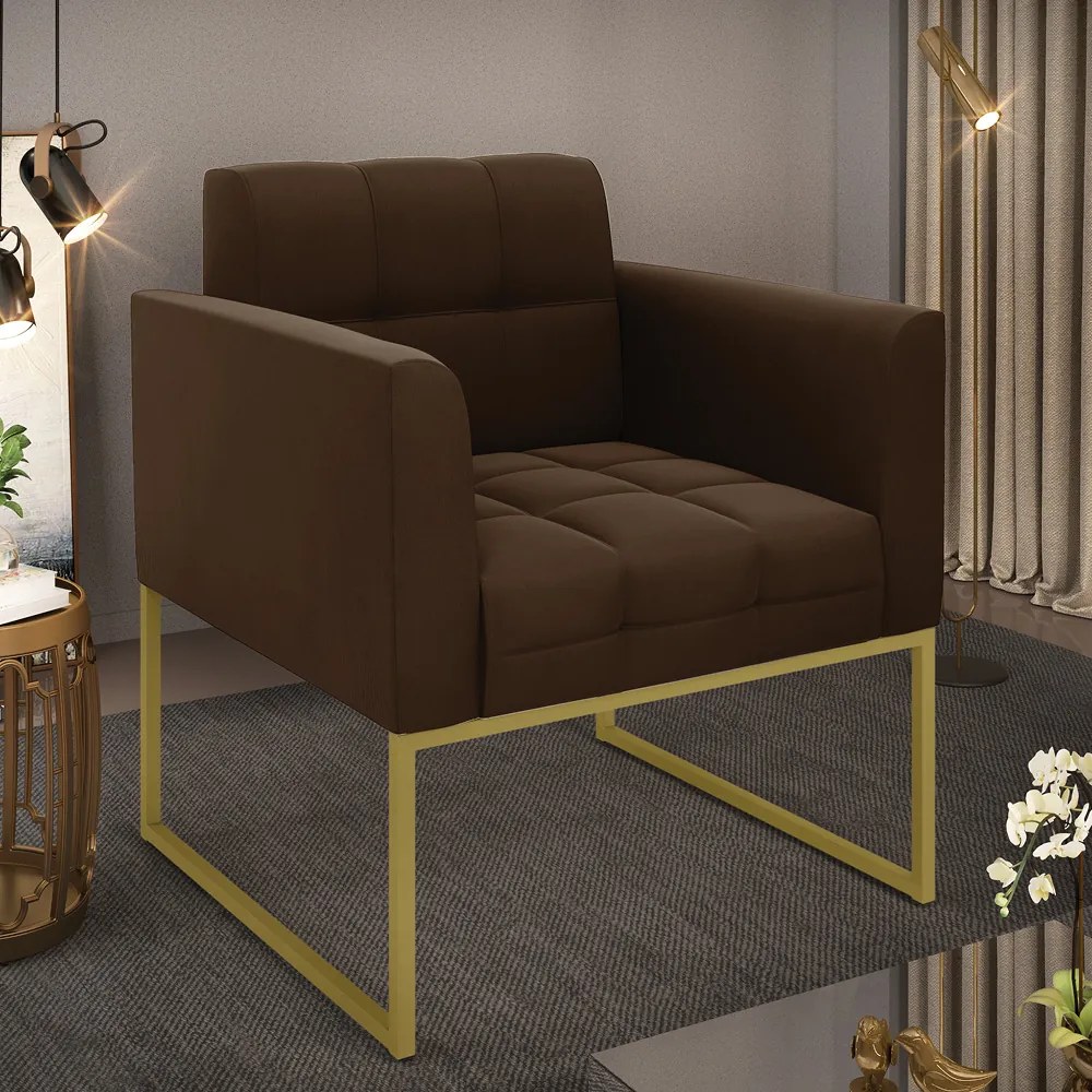 Poltrona Elisa Suede Marrom Base Metálica Industrial Dourado - D'Rossi