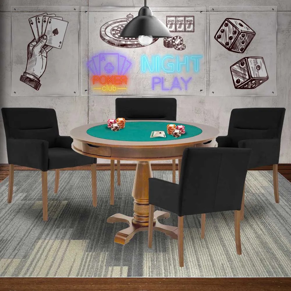 Mesa de Jogos Carteado Victoria Redonda Tampo Reversível Amêndoa com 4 Cadeiras Vicenza Preto Fosco G36 G15 - Gran Belo