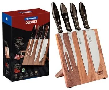 Jogo para Churrasco Tramontina em Aço Inox Cabos em Madeira Polywood Castanho 5 Peças