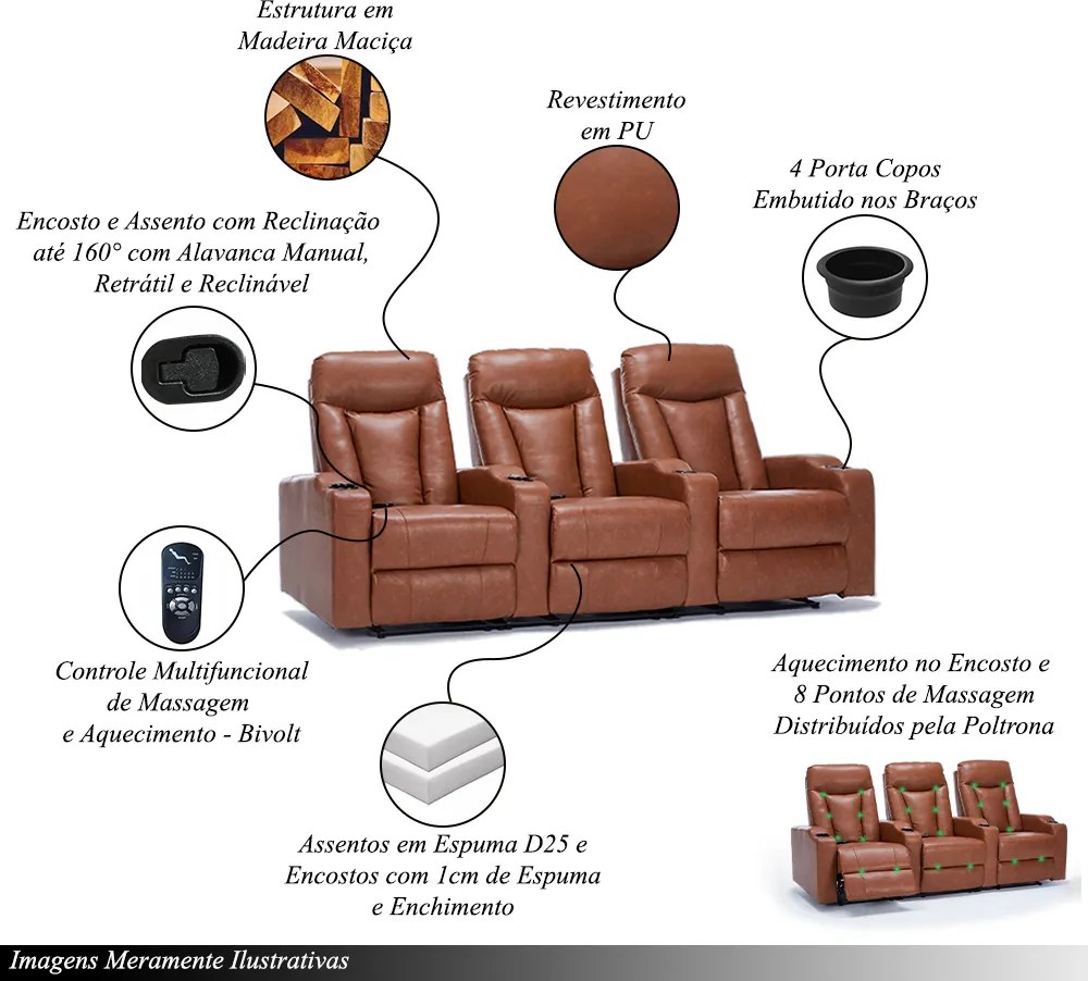 Poltrona Sala de Cinema 3 Lugares Elétrica Reclinável Califórnia Aquecimento Massagem Entrada USB/USB-C PU Caramelo G94 - Gran Belo