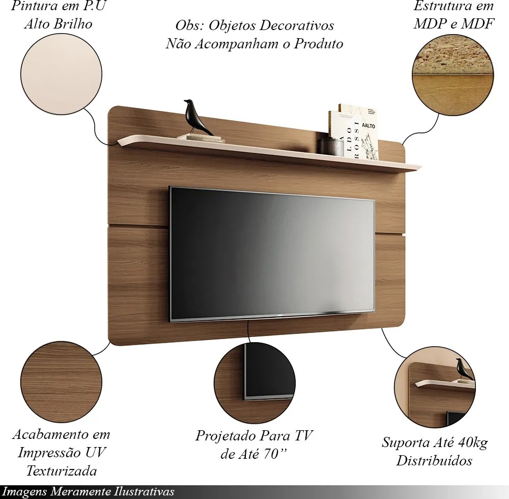 Painel Suspenso Decorativo Curv 1.8 TV até 70 Polegadas Sala Estar Castanho/OffWhite G26 - Hb Móveis
