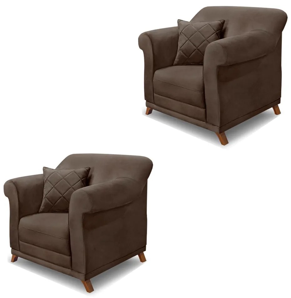 Kit 2 Poltronas Decorativas com 2 Almofadas Armstrong Veludo Marrom G63 - Gran Belo