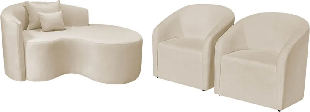 Kit Recamier Curvo Sala de Estar Inglaterra 150cm Lado Direito e 2 Poltronas Orgânica Luxo Luiza Max Bouclé