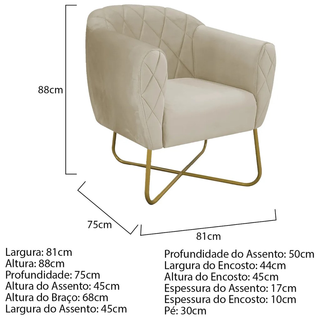 Poltrona Grazi Base X Dourada Linho - ADJ Decor
