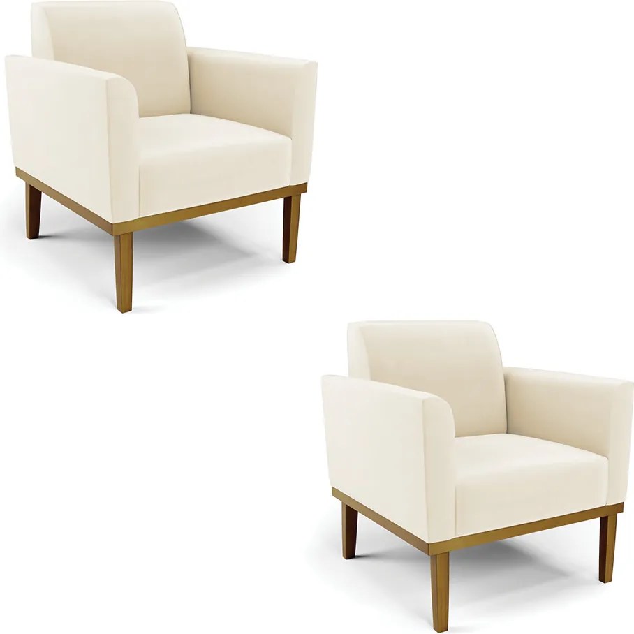 Kit 2 Poltronas Decorativas Isabella Pés Fixo em Madeira Castanho Veludo Bege G19 - Gran Belo