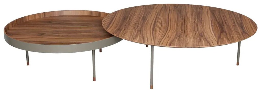 Mesa de Centro Kael Redonda Tampo Bandeja em Lâmina Nogueira Borda em Pintura Laca Pés em Metal com Ponteiras