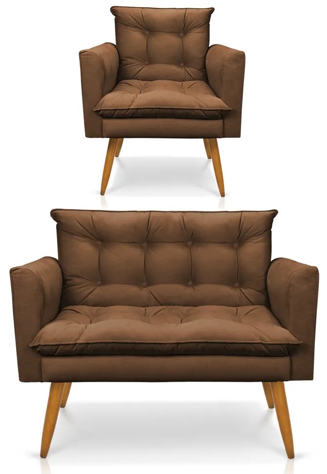 Kit 1 Sofá Namoradeira e 1 Poltrona Tais Suede Pés Palito Castanho - D'Rossi - Marrom