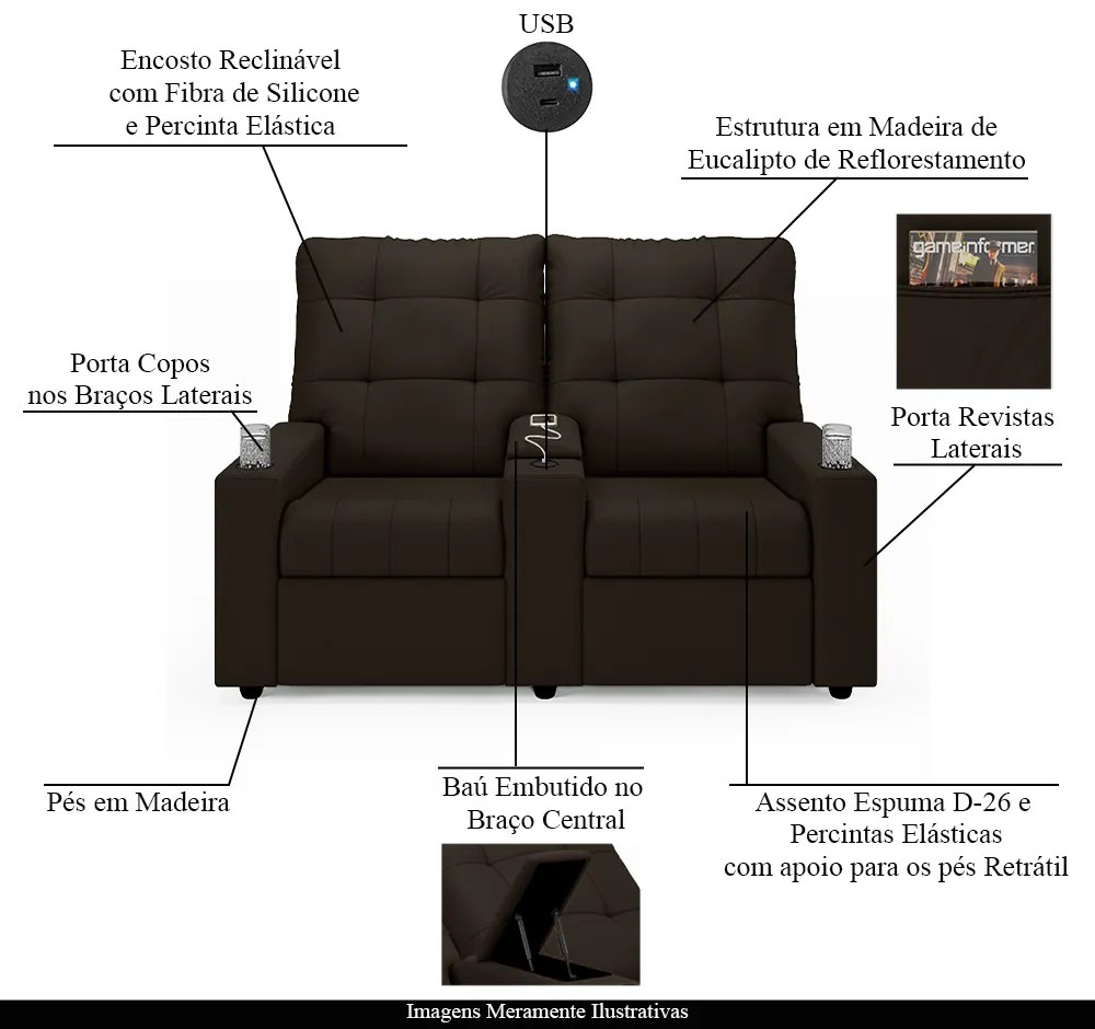 Poltrona do Papai Reclinável Sala de Cinema Movie 2 Lugares Manual Baú USB PU Marrom G23