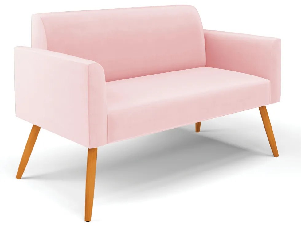 Sofá Namoradeira com 2 Poltronas Pés Palito Castanho Marisa Suede Rosa Bebê D03 - D'Rossi