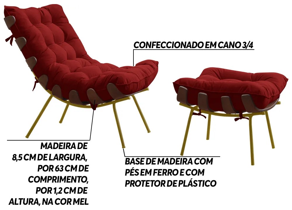 Conjunto Decorativo Poltrona e Puff Abel Base de Madeira Dourada Veludo Vermelho G41 - Gran Belo