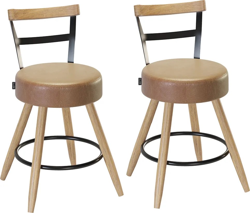 Banqueta Baixa Cozinha 50cm Encosto Pé Madeira Kit 2 Kyara Pu S02 - D'Rossi - Caramelo