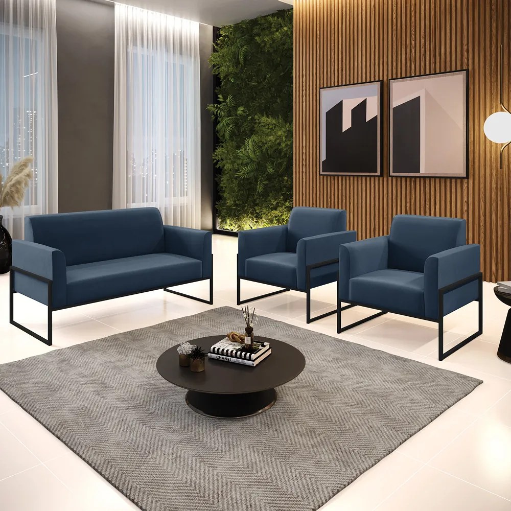Sofá Namoradeira com 2 Poltronas Base Industrial Alta Preto Marisa Suede D03 - D'Rossi - Azul Marinho
