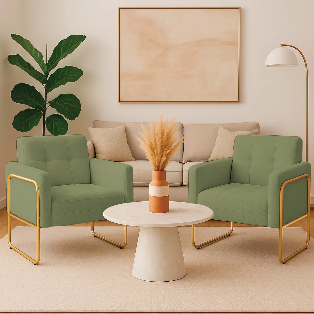 Poltrona Sala Industrial Alta Tubo Dourado kit 2 Elisa Bouclê D03 - D'Rossi - Pistache