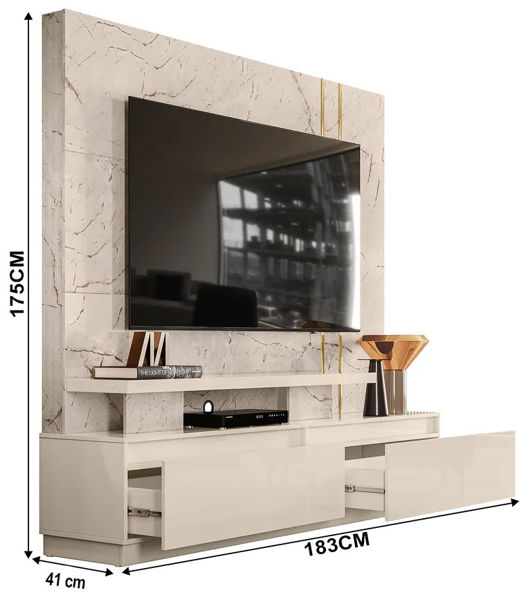 Estante de TV 75 Pol 183cm Sala de Estar Belora M20 - D'Rossi  - Calacata e Off White