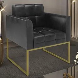 Poltrona Decorativa Base Industrial Dourado Ana Sintético PU Preto- Ib