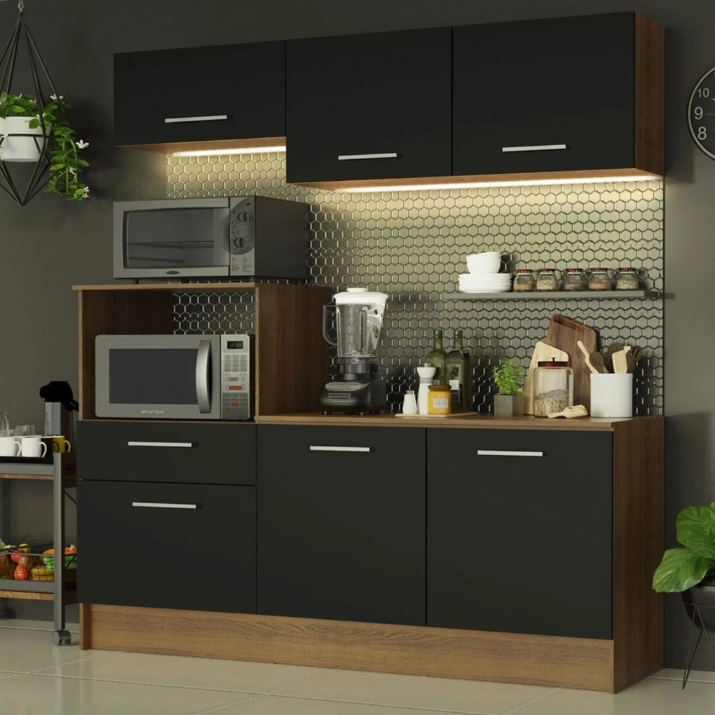 Cozinha Compacta Madesa Onix 180001 com Armário e Balcão - Rustic/Preto Marrom