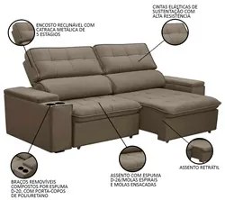 Sofá Retrátil Reclinável 3 Lugares 250cm Ginevra F05 Veludo Castor - M