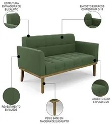 Sofá Namoradeira e 1 Poltrona Base Madeira Castanho Ana Suede Verde -
