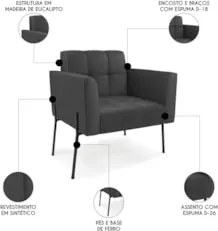 Poltrona Sala Pé Metal Preto Kit 2 Ana Sintético Preto - Ibiza