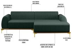 Sofá 245cm 4 Lugares com Chaise Direito Pés Gold Molino C-117 Linho Ve