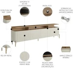 Rack TV 75 Pol 220cm Portas Brise Blen Louro/Luna/Dourado I06 - Mpozen