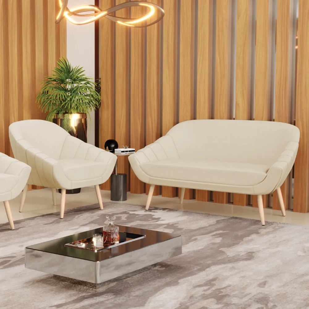 Kit 01 Namoradeira 02 Lugares e 01 Poltrona Giovana Linho Pés Palito Natural - Indo Decorar - A27 Areia