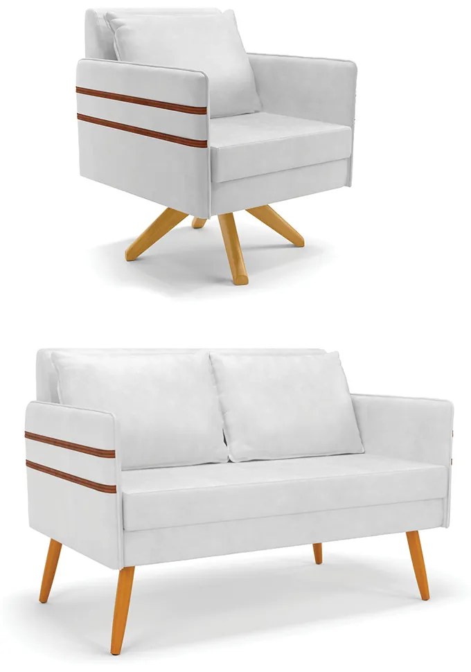 Kit 01 Namoradeira 02 Lugares e 01 Poltrona Mari Corano Branco Base de Madeira MA30
