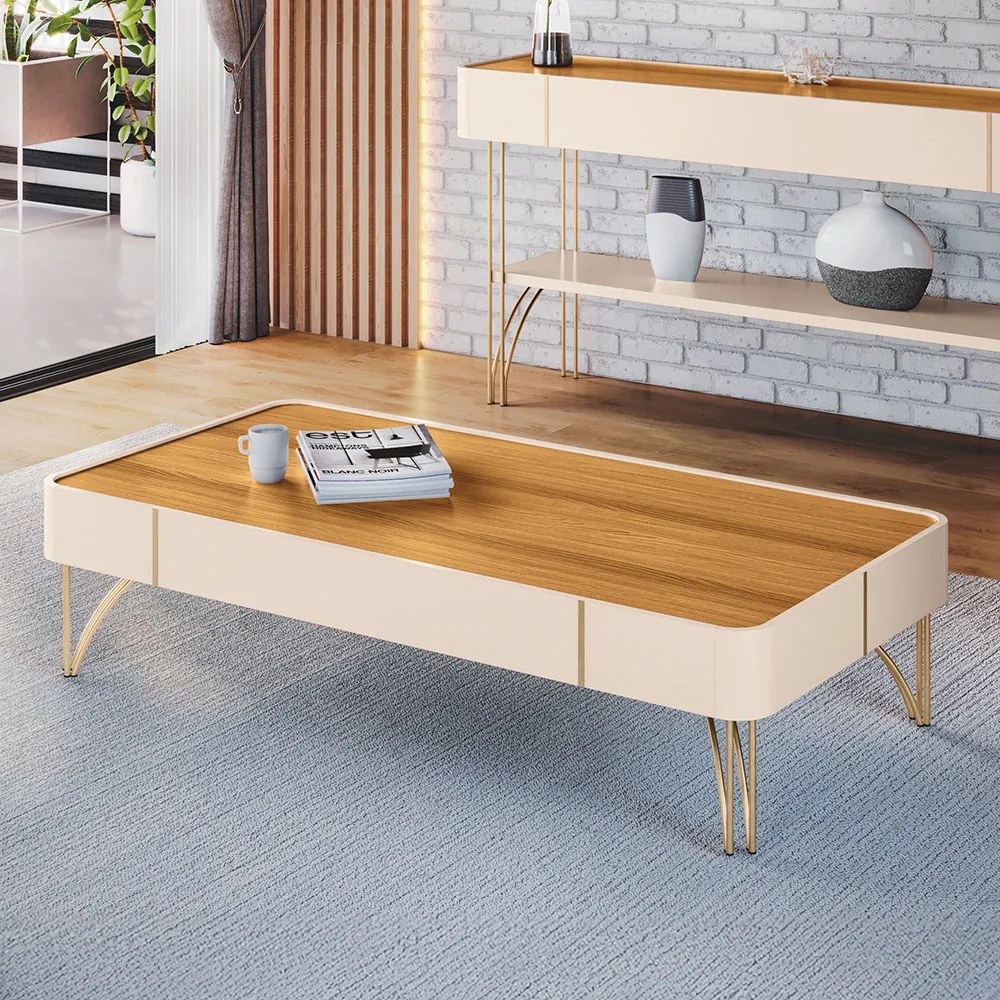 Mesa de Centro Para Sala Pés de Aço Irena H01 - D'Rossi - Off White e Cinamomo