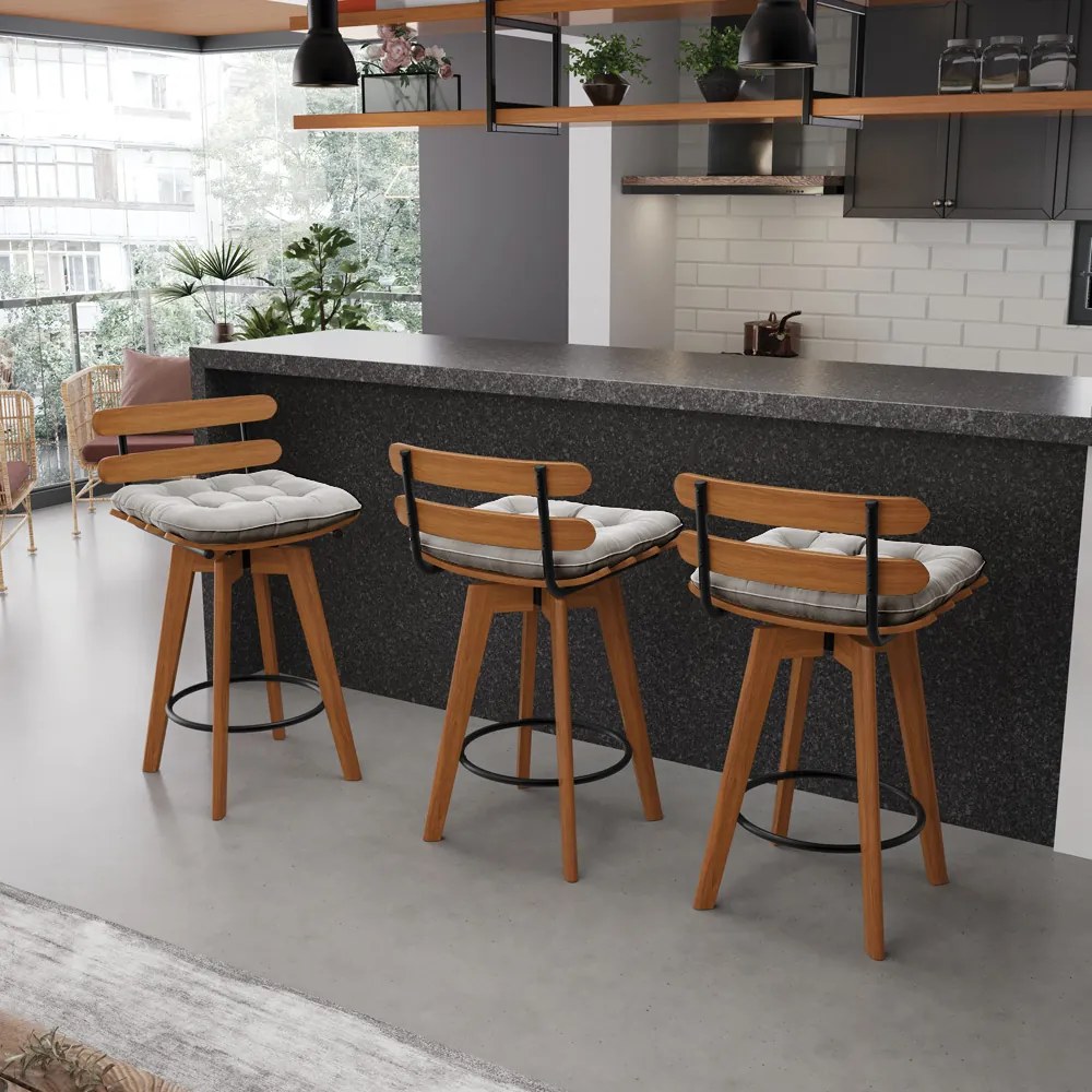 kit 02 Banquetas Giratória Costela Veludo Cinza Base Madeira MA70 - DRossi