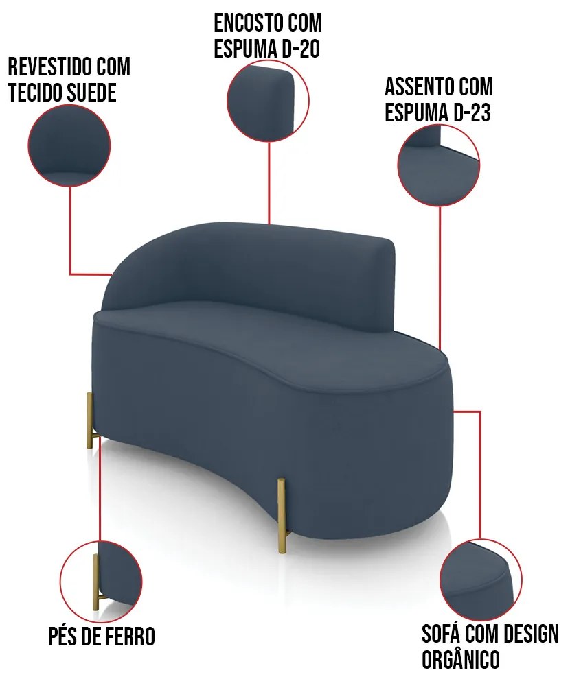 Sofá 2 Lugares Orgânico 140cm Pé Dourado Morgan Suede D03 - D'Rossi - Azul Marinho