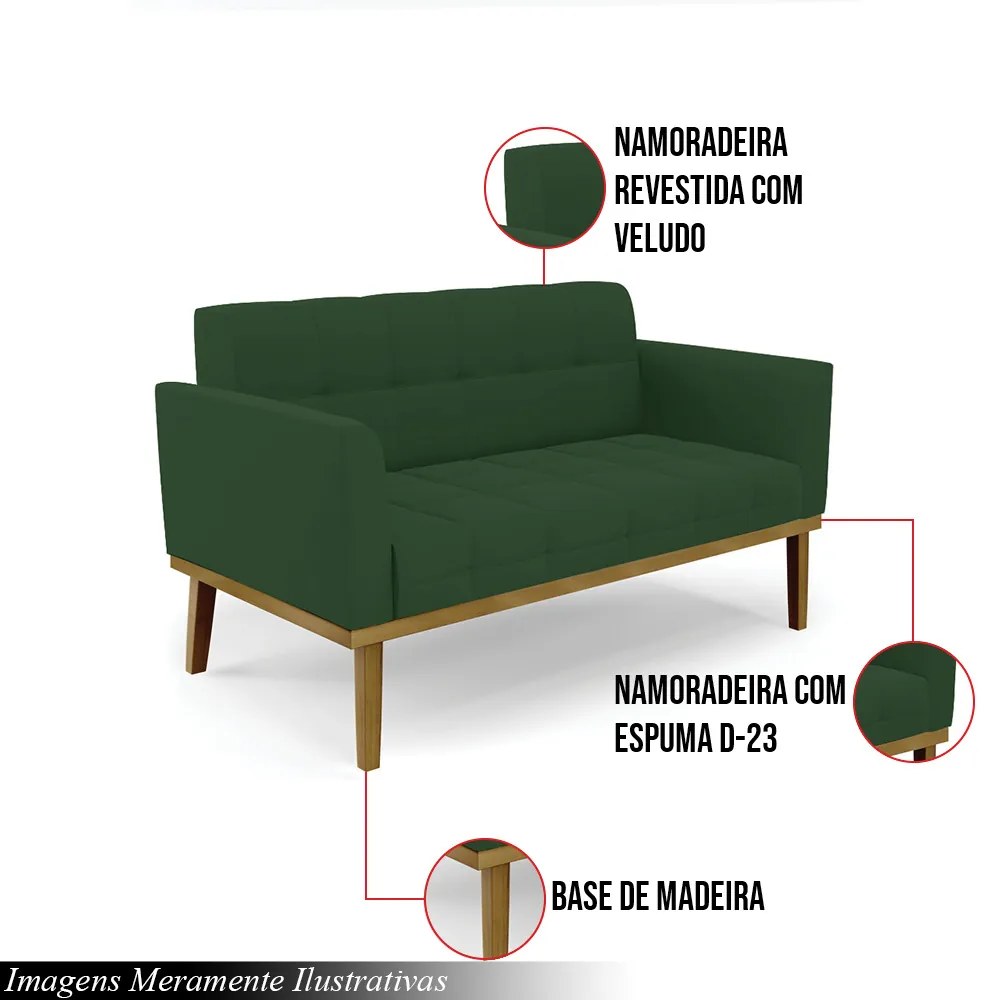 Poltrona Namoradeira Decorativa Karen Pés Fixo em Madeira Castanho Veludo Verde Esmeralda G19 - Gran Belo