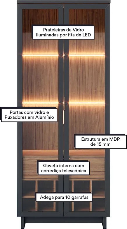 Cristaleira Adega 2 Portas 1 Gaveta Eduarda C04 - D'Rossi - Preto Fosco e Noce Milano