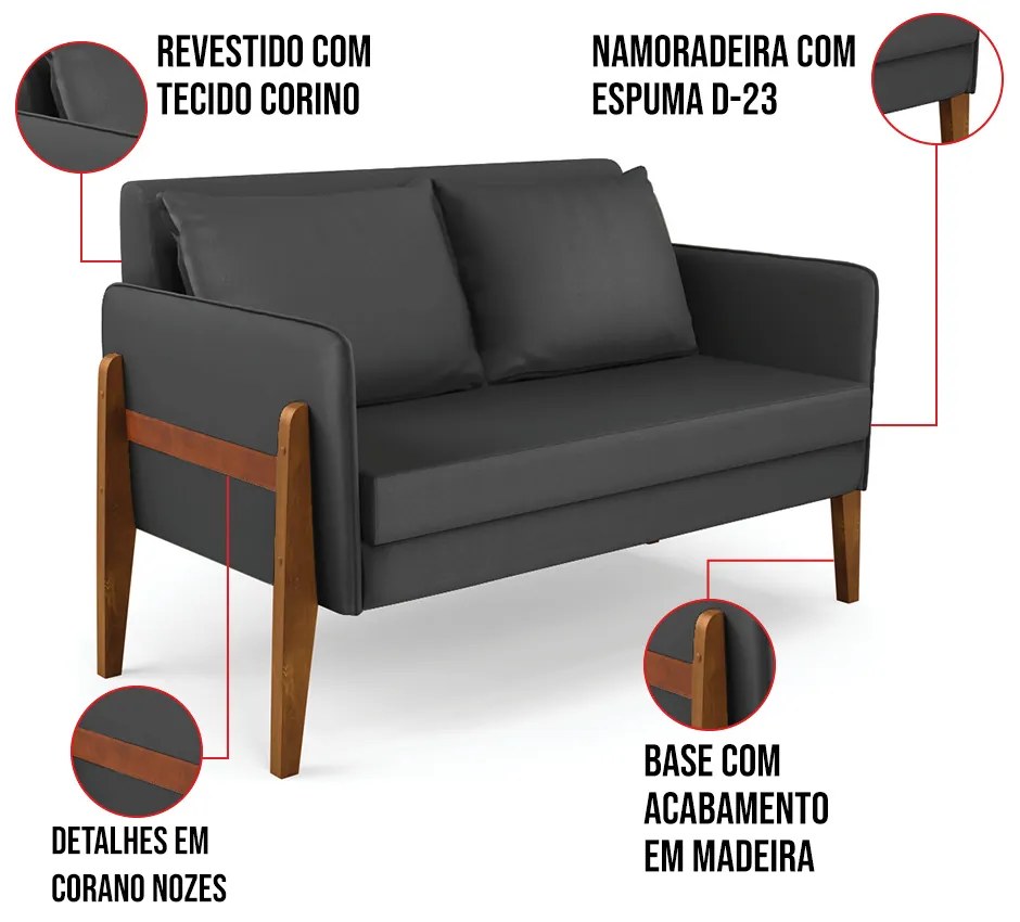 Sofá Namoradeira Lana Corino Base de Madeira D03 - D'Rossi - Preto