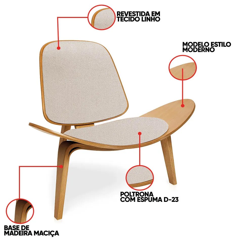 Poltrona Decorativa Base de Madeira Shell Linho P01 - D'Rossi - Bege
