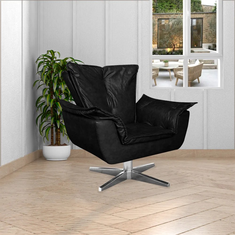 Kit 2 Poltronas Decorativas Base Giratória Cromada Charger PU Preto G19 - Gran Belo