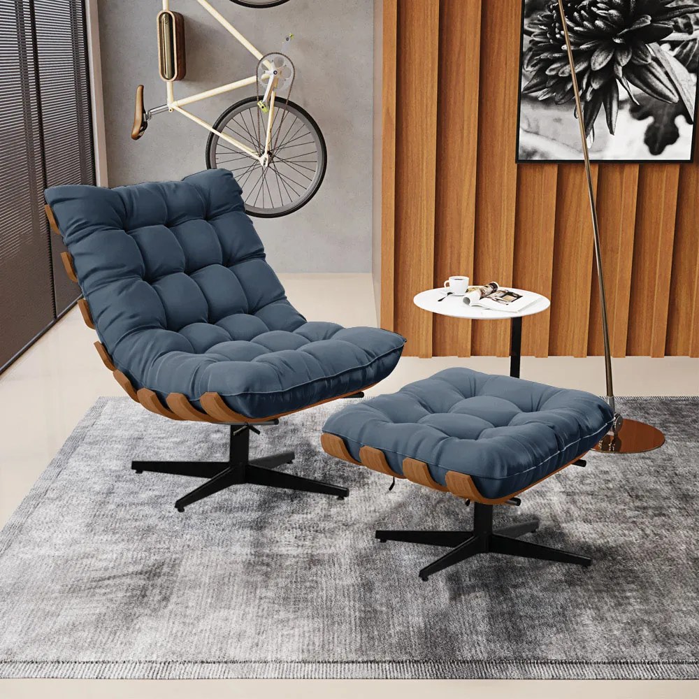 Puff Giratório Costela Suede Base Giratória Preto - D'Rossi - Azul Marinho