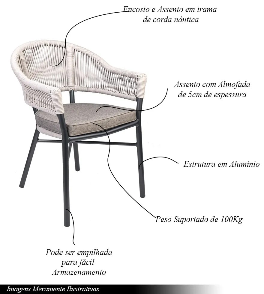 Kit 3 Cadeiras Área Externa de Alumínio Bear com Corda Naútica Grafite/Amêndoa G56 - Gran Belo