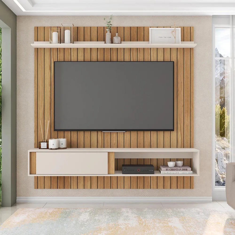 Painel TV 75 Pol 180cm Bancada Suspensa Ripado Eluni Buriti/Off White C01 - D'Rossi