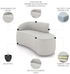 Sofá 2 Lugares Para Sala 140cm Orgânico Wendi Veludo Cinza I01 - Mpoz