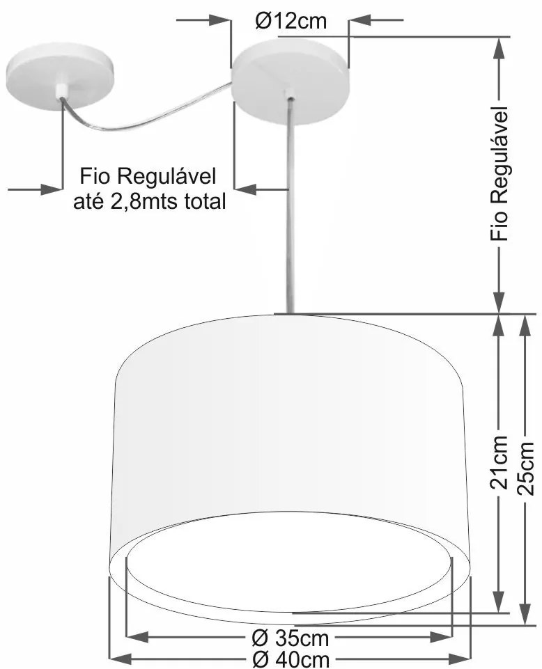 Lustre Pendente Cilíndrico Com Desvio de Centro Vivare Md-4305 Cúpula em Tecido 40x25cm - Bivolt