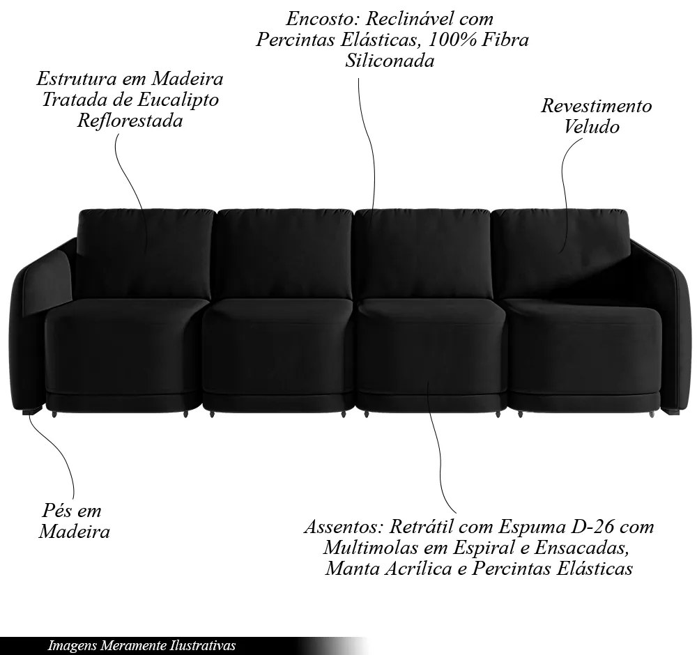 Sofá Cama Modulado Retrátil e Reclinável Decorativo Varsóvia 396cm Veludo Preto G33 - Gran Belo