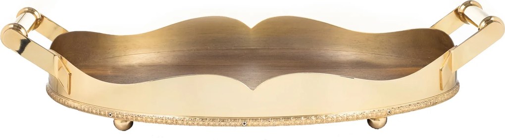 Bandeja Coração Ouro 24k C/ Cordão Palha 55cm Fundo Madeira