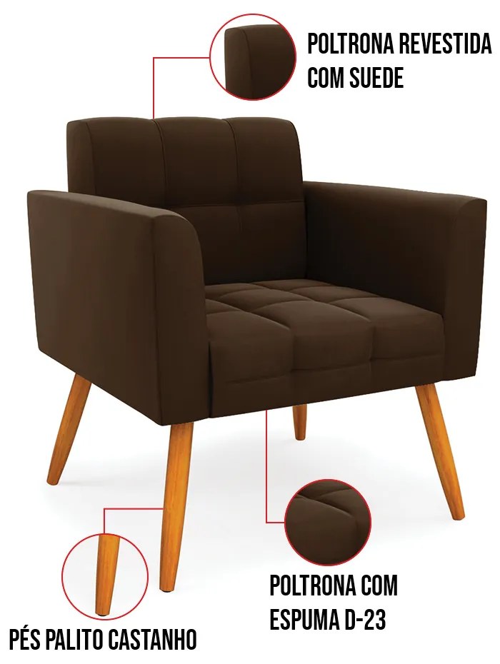 Kit 1 Sofá Namoradeira e 2 Poltronas Elisa Suede Pés Palito Castanho D03 - D'Rossi - Marrom