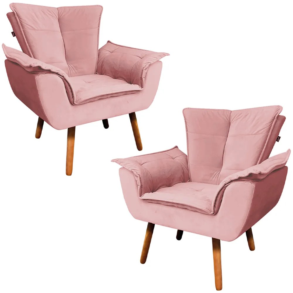 Kit 2 Poltronas Decorativas Pés Palito Charger Suede Rosê G19 - Gran Belo